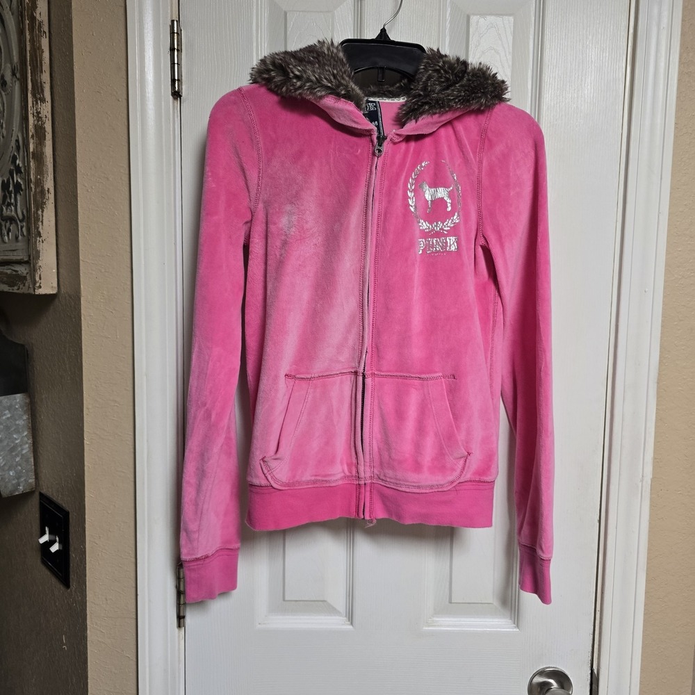 Vintage 2009 Victoria's Secret PINK Invite Only Faux Fur Sequin Hoodie S